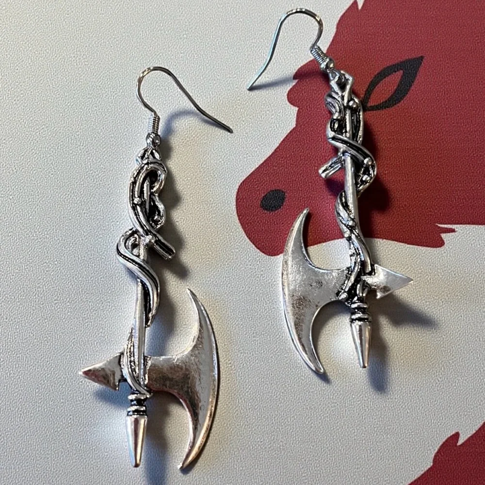 Silver Toned Battle Axe Earrings